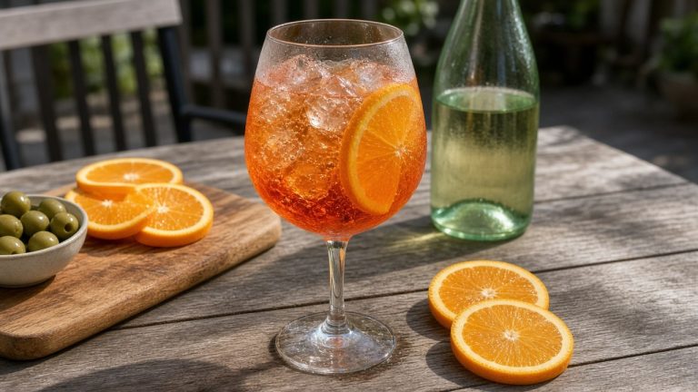 Aperol spritz in a wine glass with ice and an orange slice