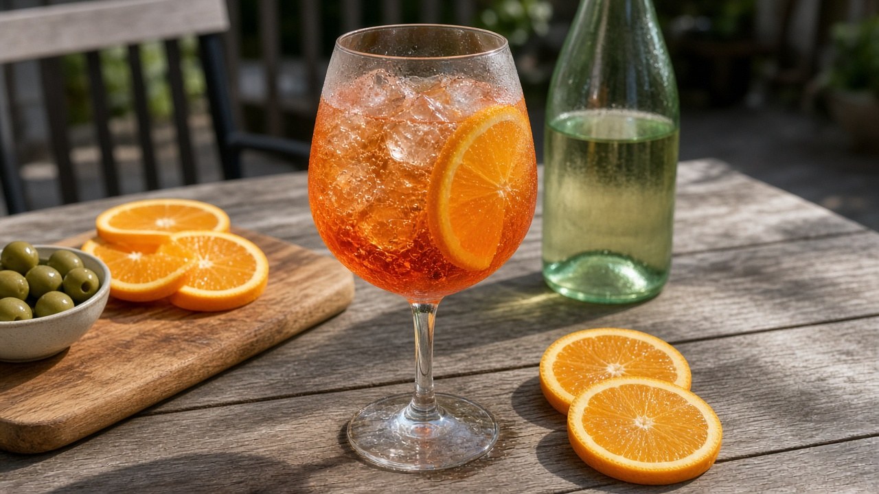 Aperol spritz in a wine glass with ice and an orange slice