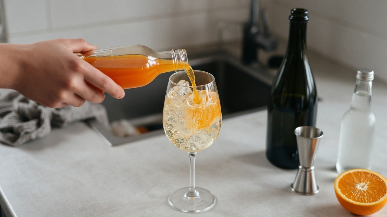Hands pouring Aperol into a glass of prosecco and ice