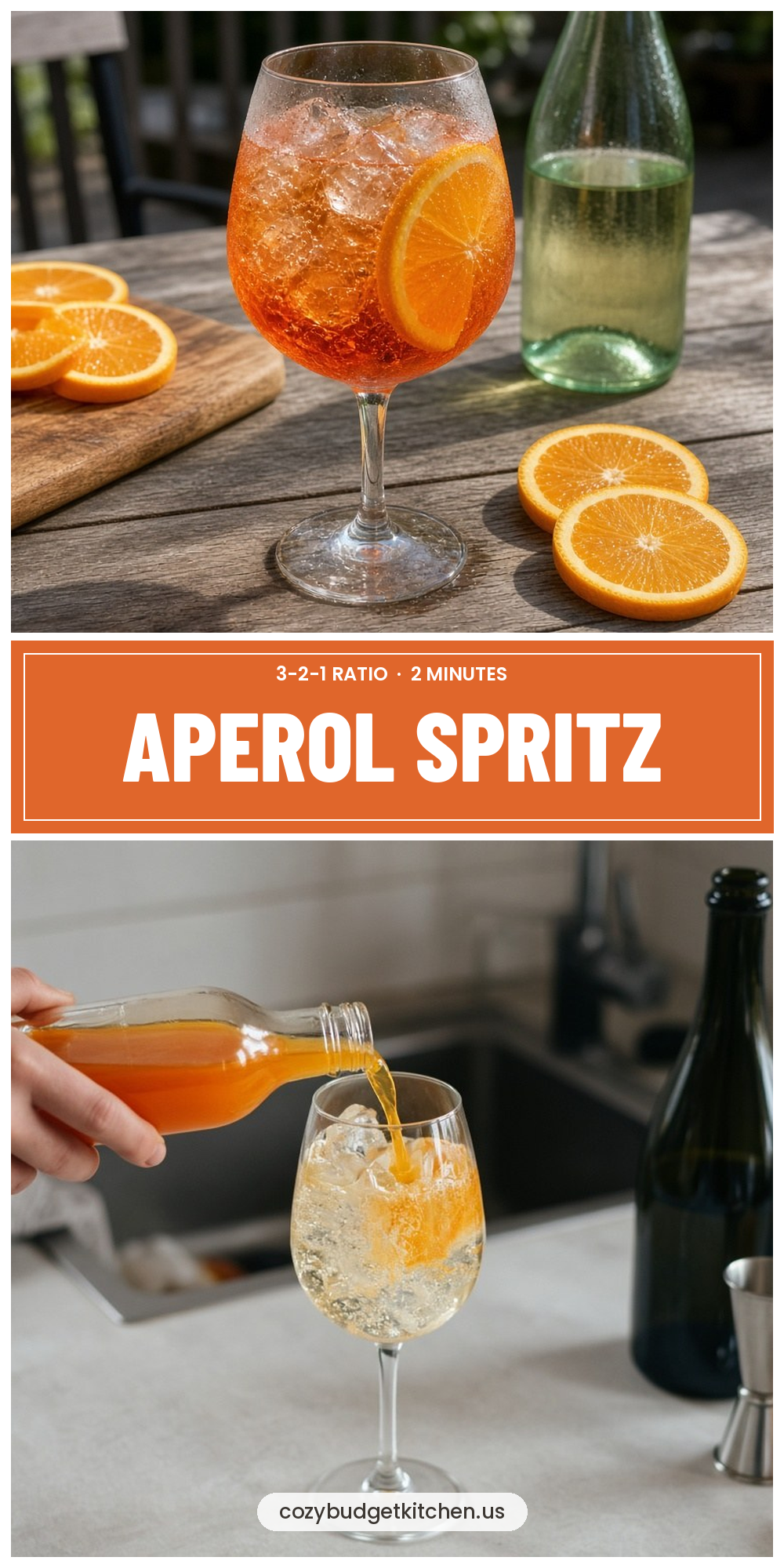 Aperol Spritz: Easy 3-2-1 Italian Cocktail in 2 Minutes - recipe pin from Cozy Budget Kitchen