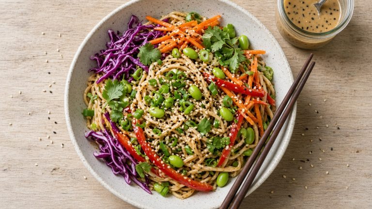 Asian sesame noodle salad with red cabbage, carrots and edamame in a large bowl