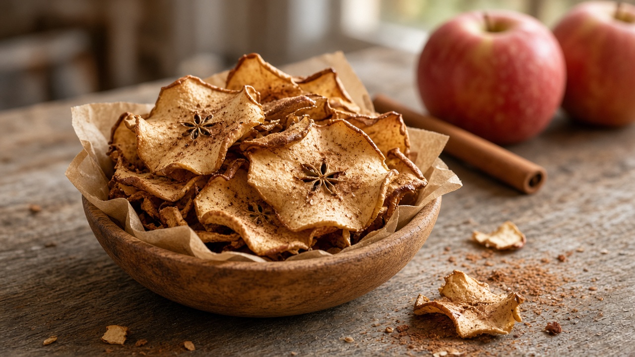 Baked cinnamon apple chips in a parchment-lined bowl with fresh apples