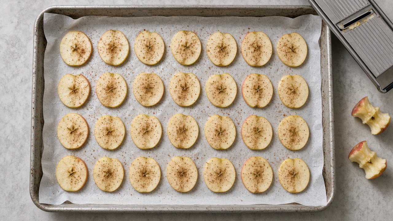 Thin apple slices dusted with cinnamon on a baking sheet before baking