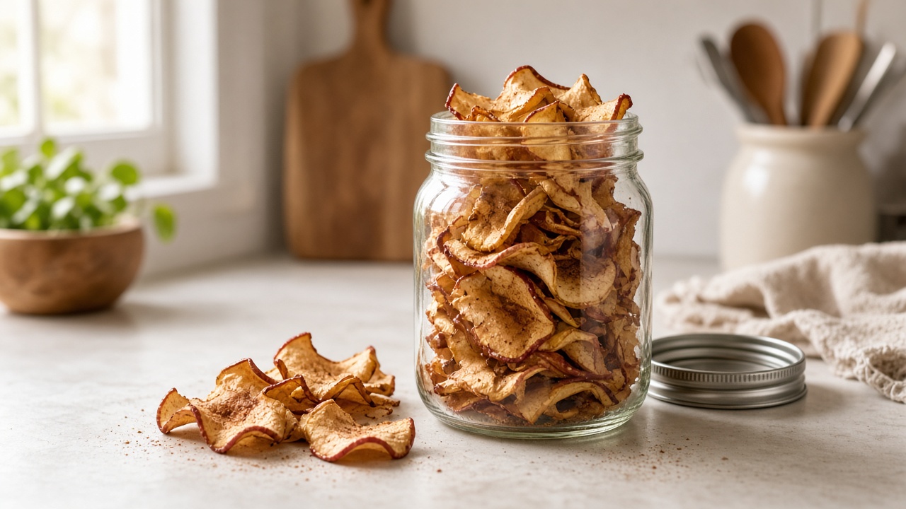 Homemade apple chips stored in a glass jar