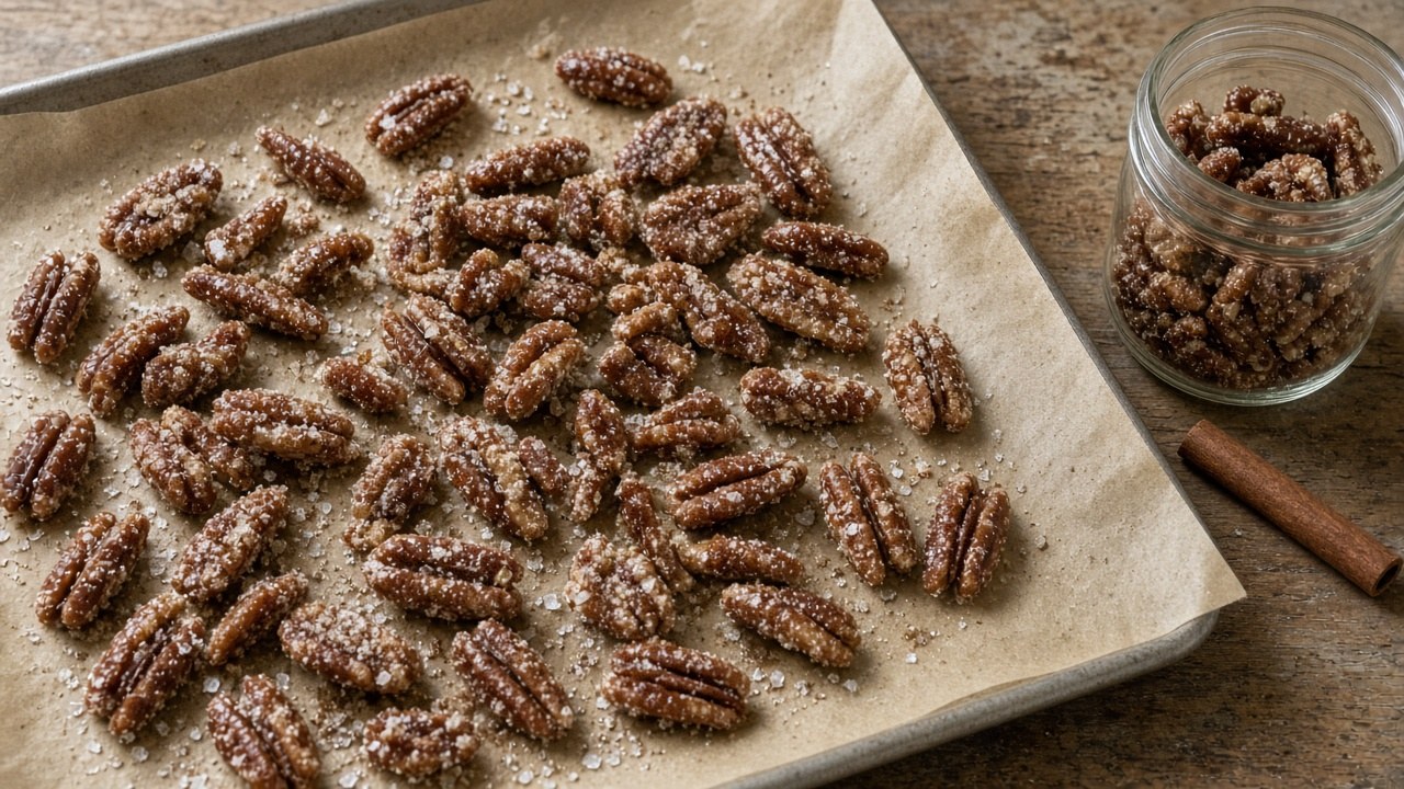 Candied pecans cooling on a parchment-lined baking sheet