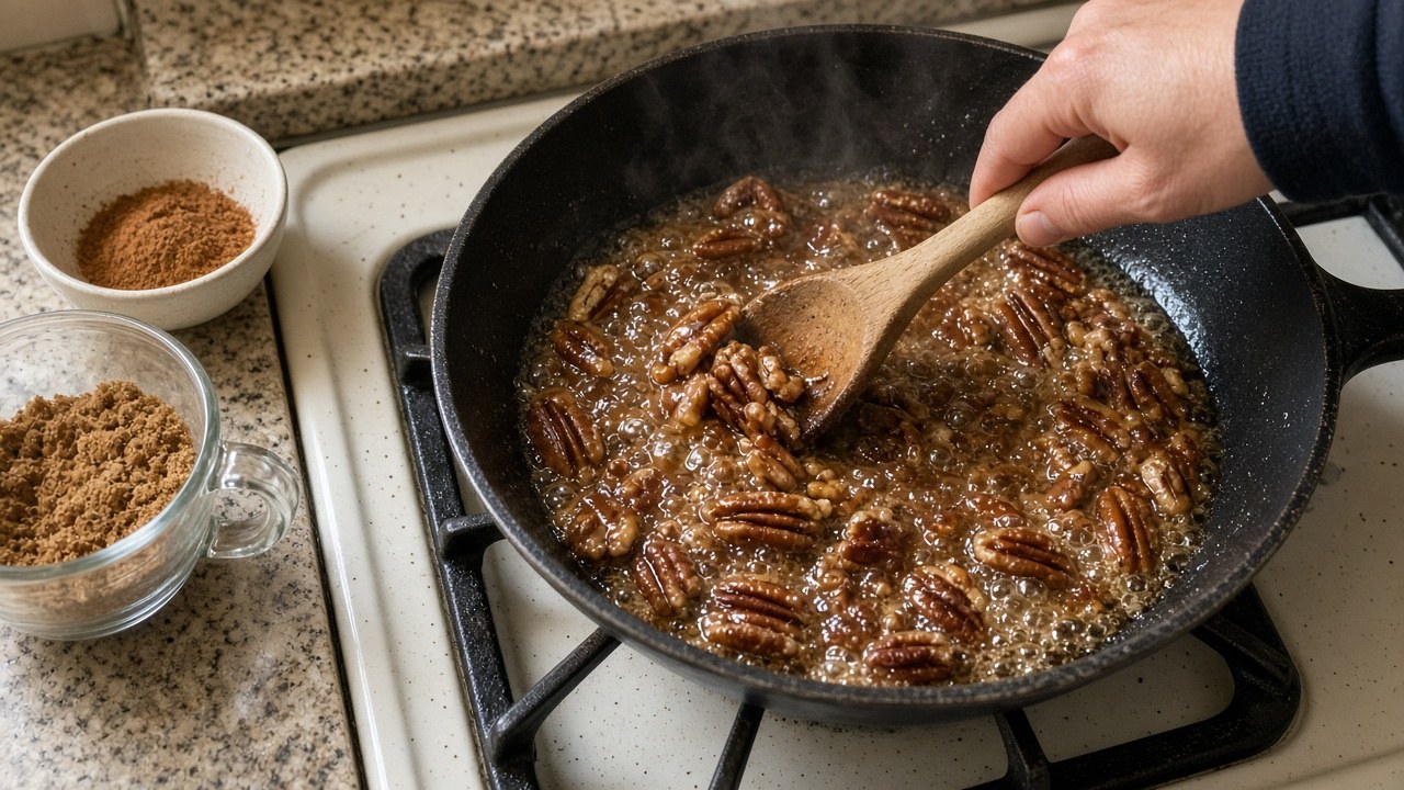 Candied Pecans: Easy 10-Minute Stovetop Recipe 4 Hands stirring pecans in a skillet with melted brown sugar