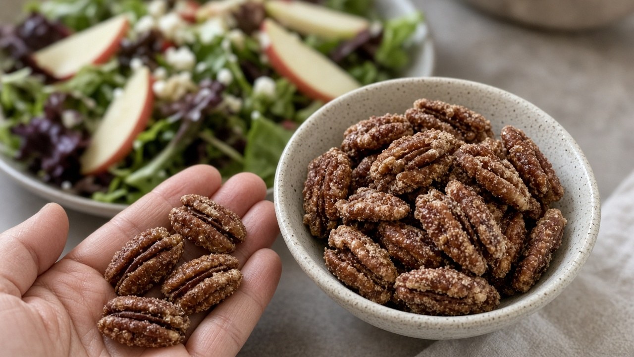 Candied Pecans: Easy 10-Minute Stovetop Recipe 5 Close-up of crunchy candied pecans in a bowl