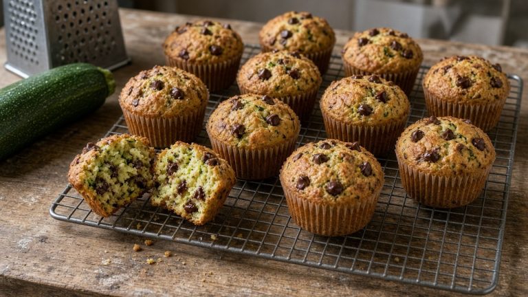 Chocolate chip zucchini muffins on a wire cooling rack