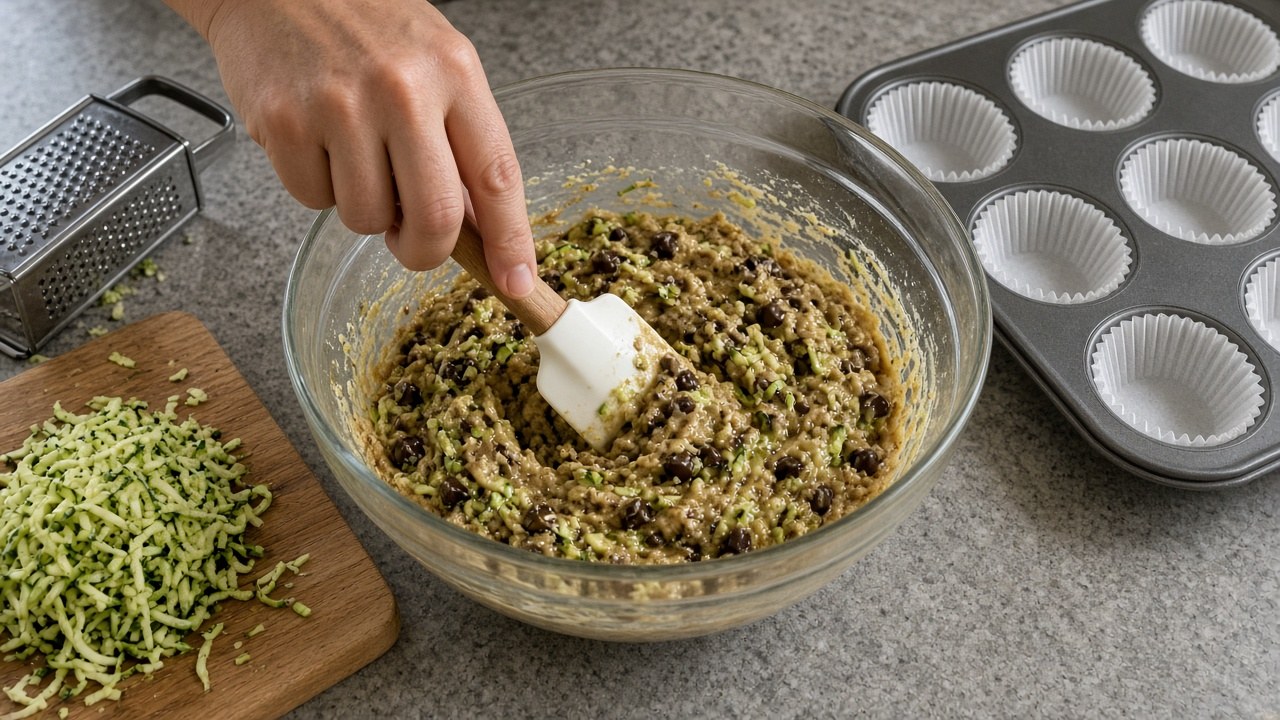 Hands folding grated zucchini and chocolate chips into muffin batter