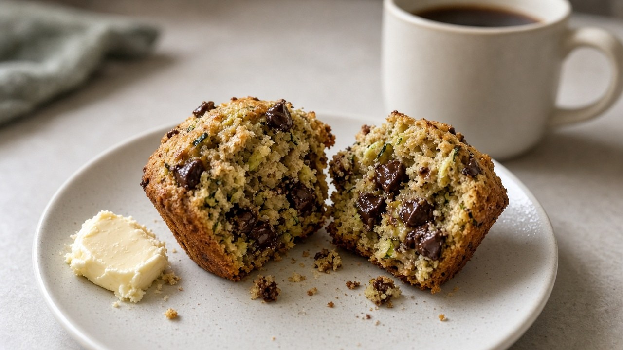 Zucchini muffin broken open with melted chocolate chips
