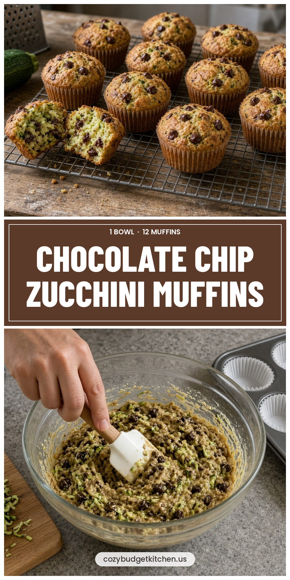 Chocolate Chip Zucchini Muffins: Moist 1-Bowl Recipe - recipe pin from Cozy Budget Kitchen
