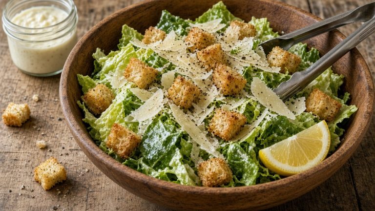 Classic Caesar salad with homemade croutons in a wooden bowl
