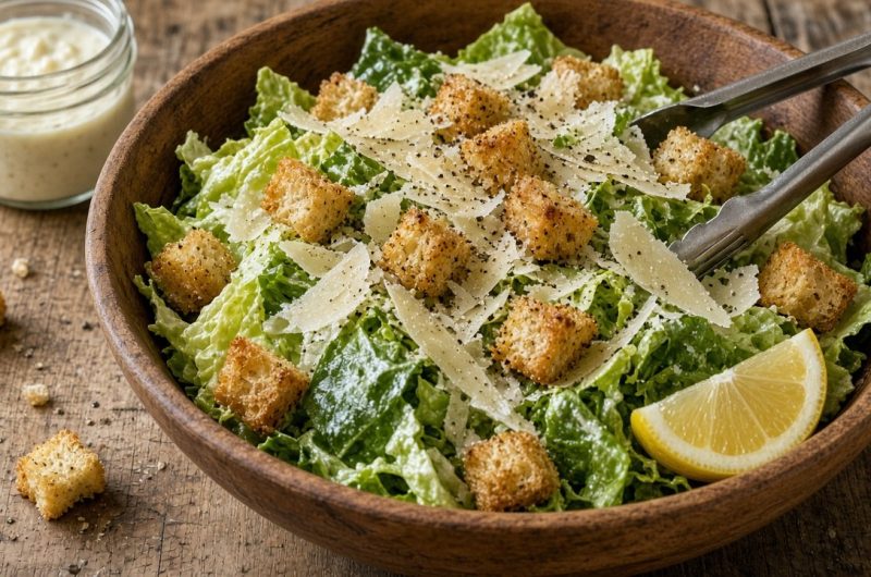 Classic Caesar Salad: Easy Homemade Croutons in 25 Min 3 Classic Caesar salad with homemade croutons in a wooden bowl