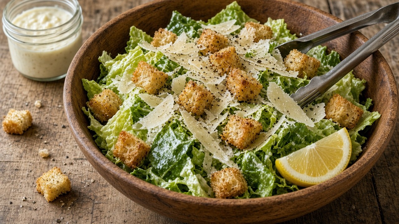 Classic Caesar salad with homemade croutons in a wooden bowl