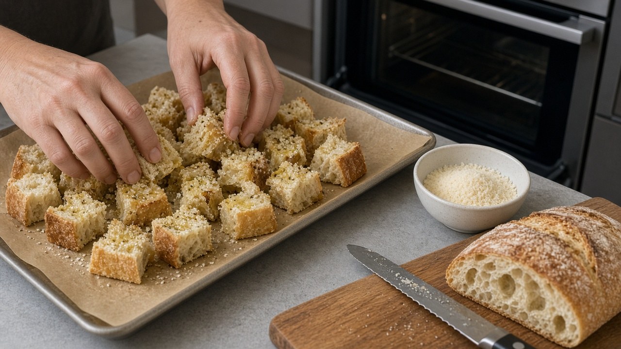 Hands tossing bread cubes with olive oil for homemade croutons