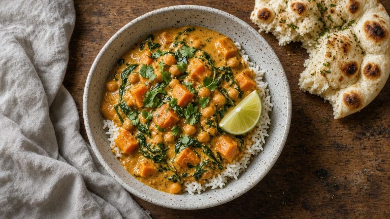 Coconut curry chickpea stew with spinach in a rustic bowl over rice
