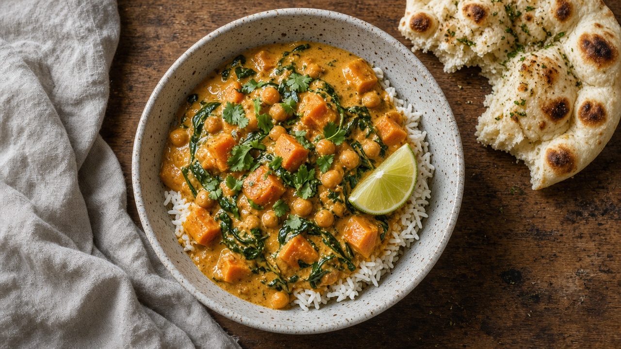 Coconut curry chickpea stew with spinach in a rustic bowl over rice