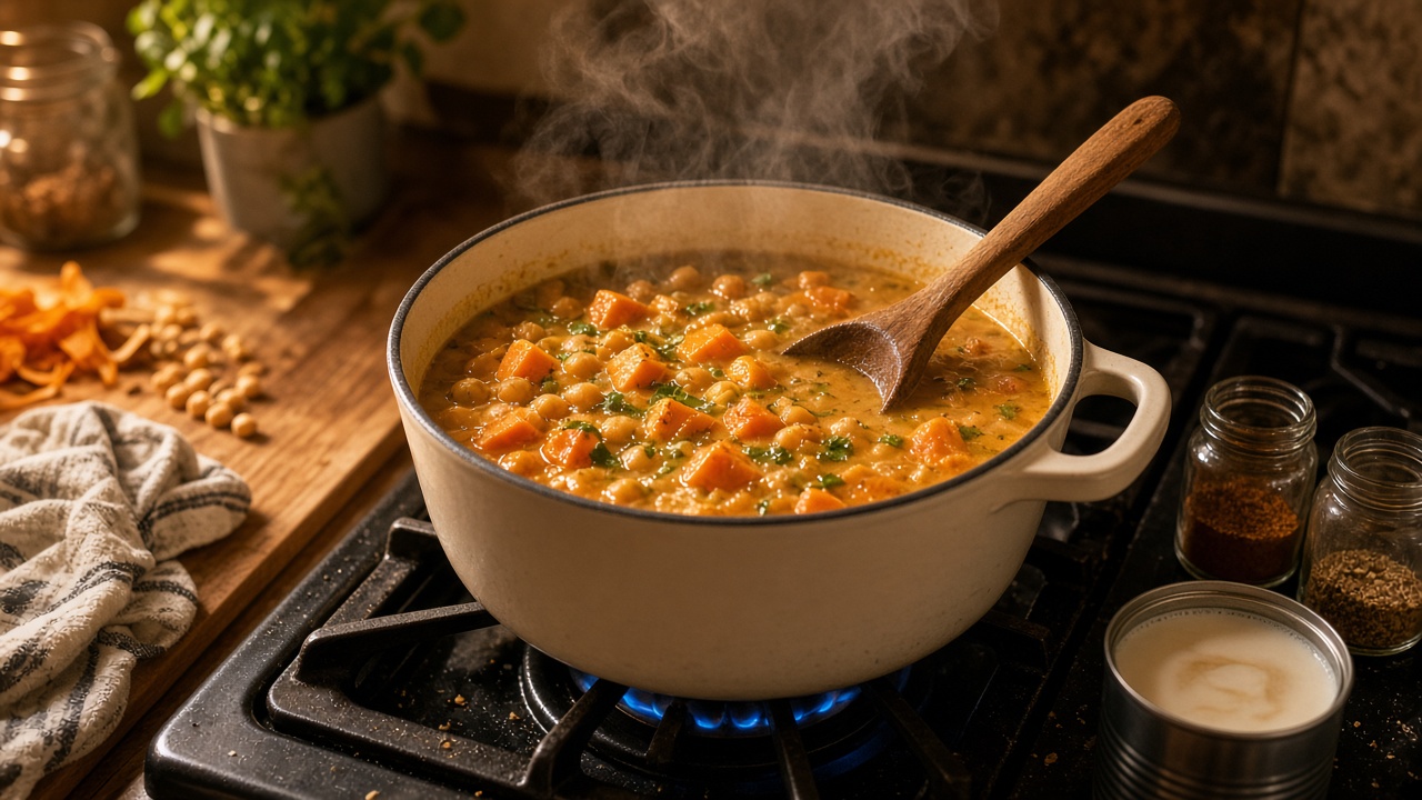 Chickpeas, sweet potato and coconut milk simmering in a Dutch oven