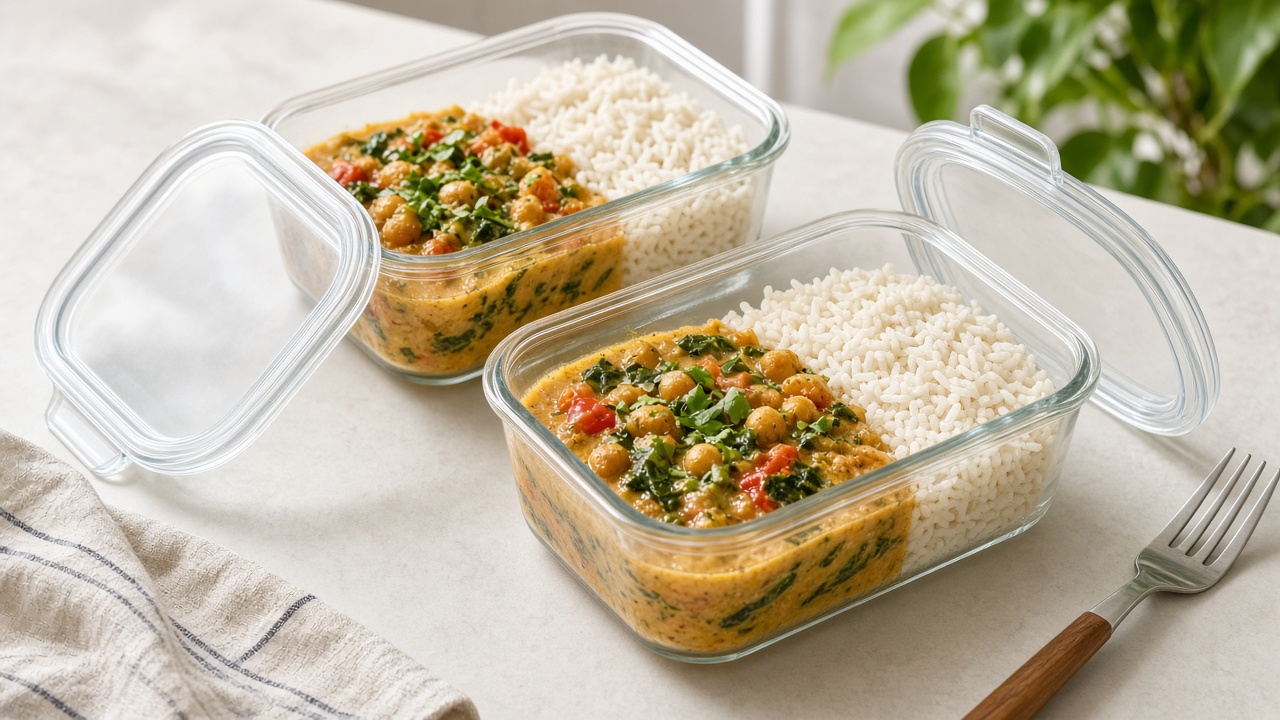 Leftover chickpea curry stew packed in glass meal prep containers with rice