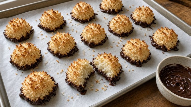Coconut macaroons on parchment with some dipped in chocolate