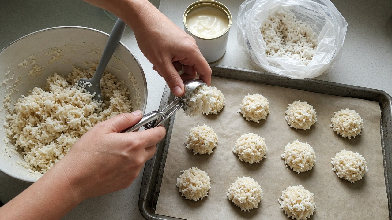 Coconut Macaroons: Easy 4-Ingredient Chewy Cookies 4 Hands scooping coconut macaroon mixture onto a baking sheet