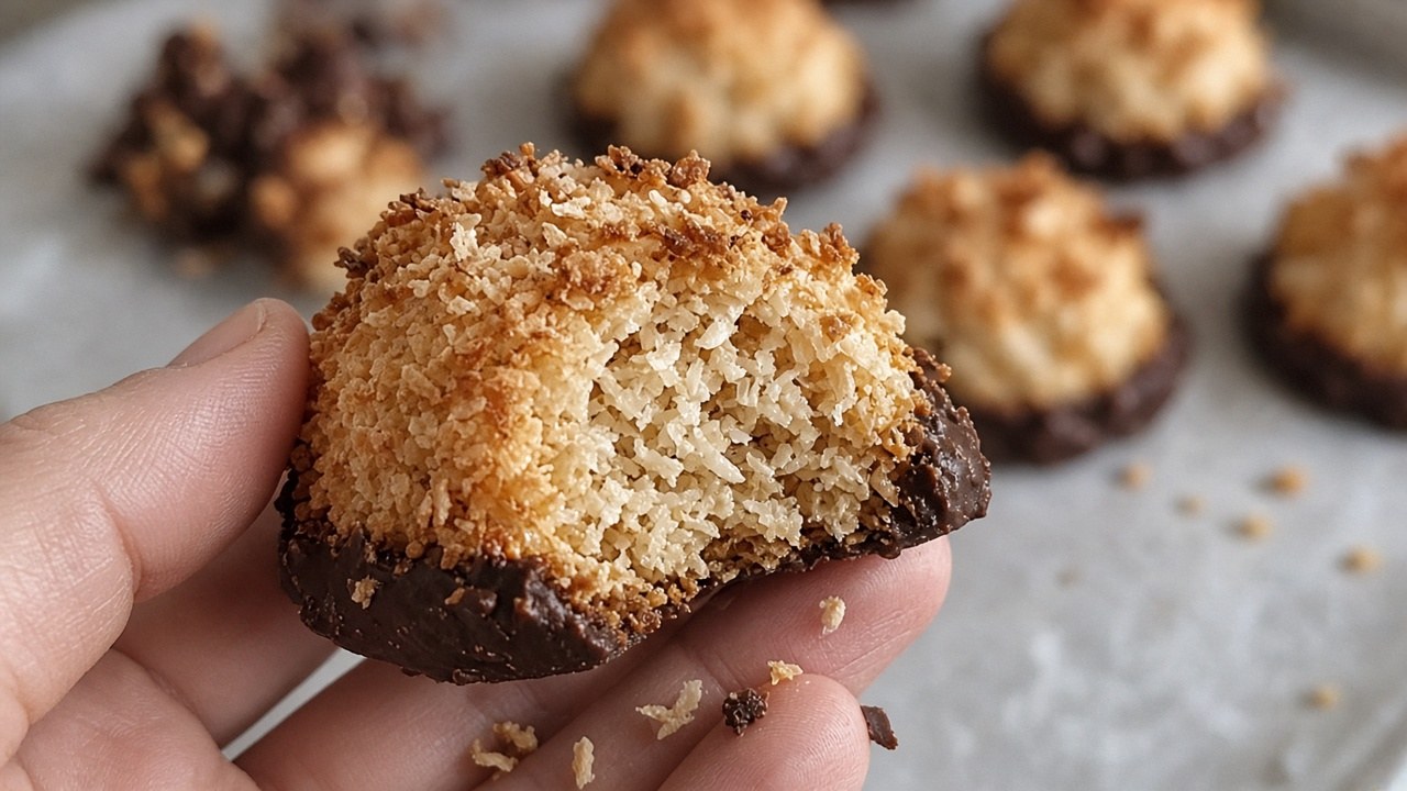 Coconut Macaroons: Easy 4-Ingredient Chewy Cookies 5 Close-up of a chocolate dipped coconut macaroon with a bite taken
