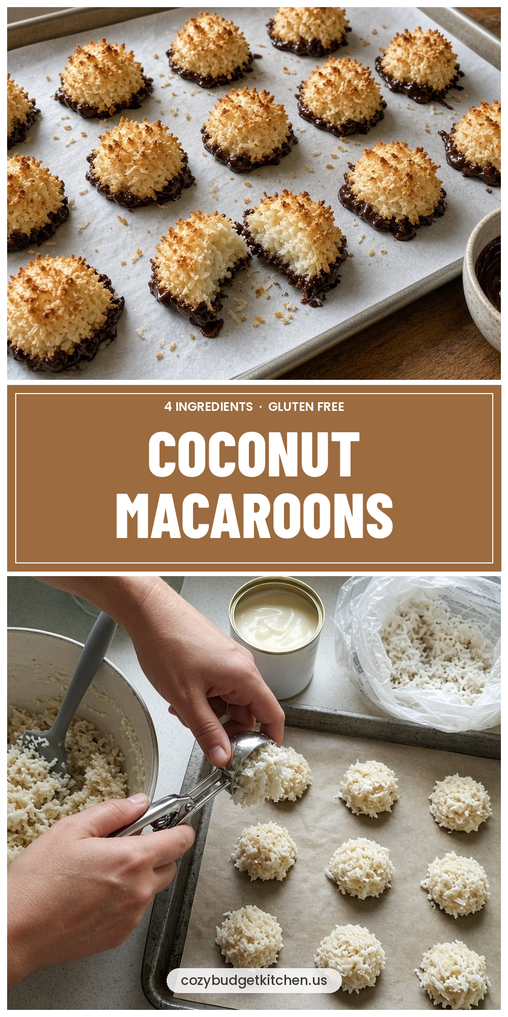 Coconut Macaroons: Easy 4-Ingredient Chewy Cookies 2 Coconut Macaroons: Easy 4-Ingredient Chewy Cookies - recipe pin from Cozy Budget Kitchen