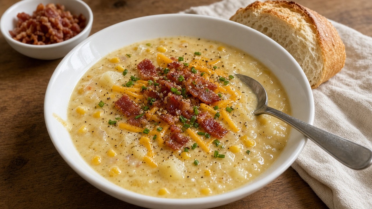 Creamy corn chowder in a bowl topped with bacon and chives