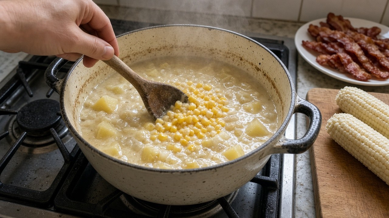 Hands stirring corn into potato soup in a Dutch oven