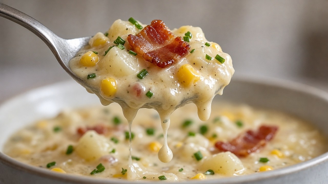 Spoonful of creamy corn chowder with bacon