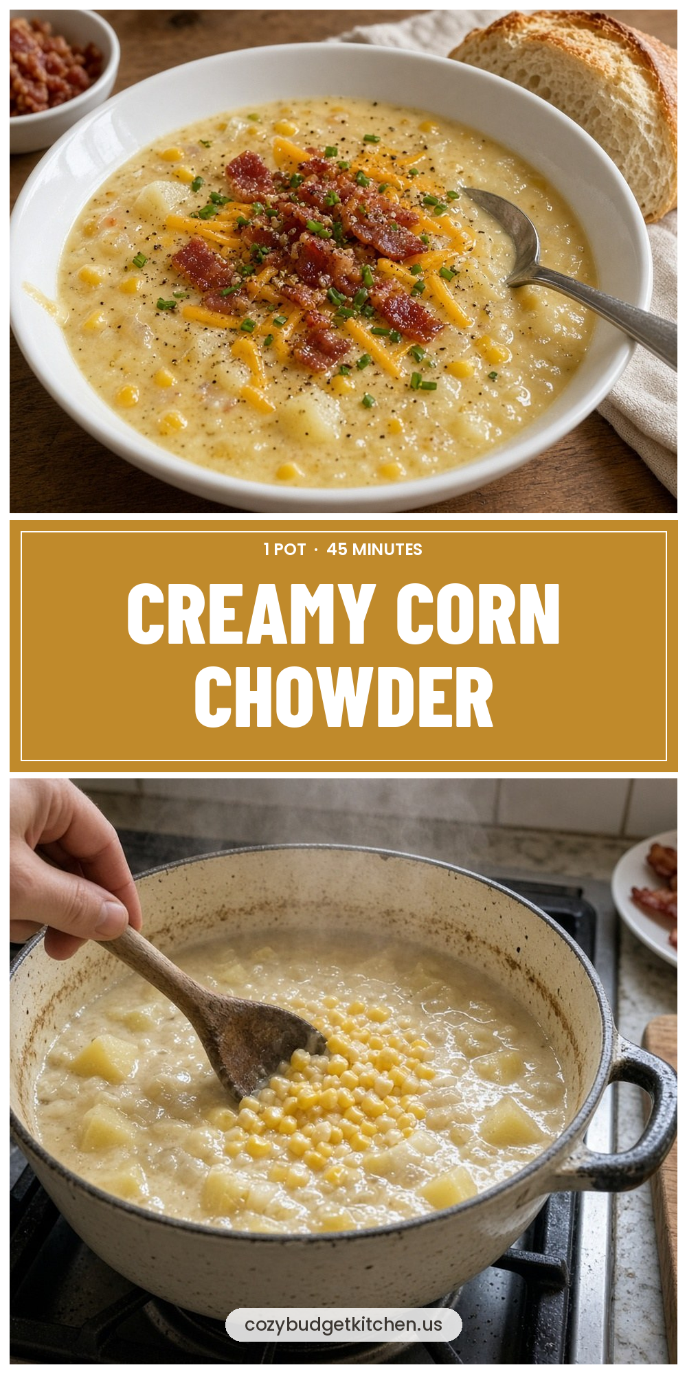 Creamy Corn Chowder: Cozy 1-Pot Soup with Bacon in 45 Min - recipe pin from Cozy Budget Kitchen
