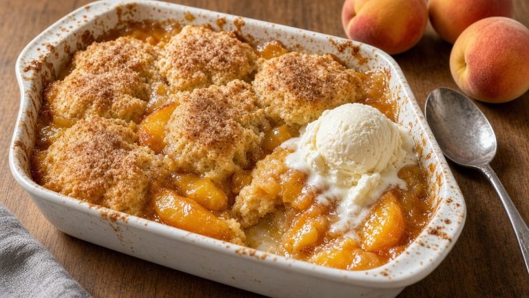 Fresh peach cobbler in a baking dish with a scoop of ice cream