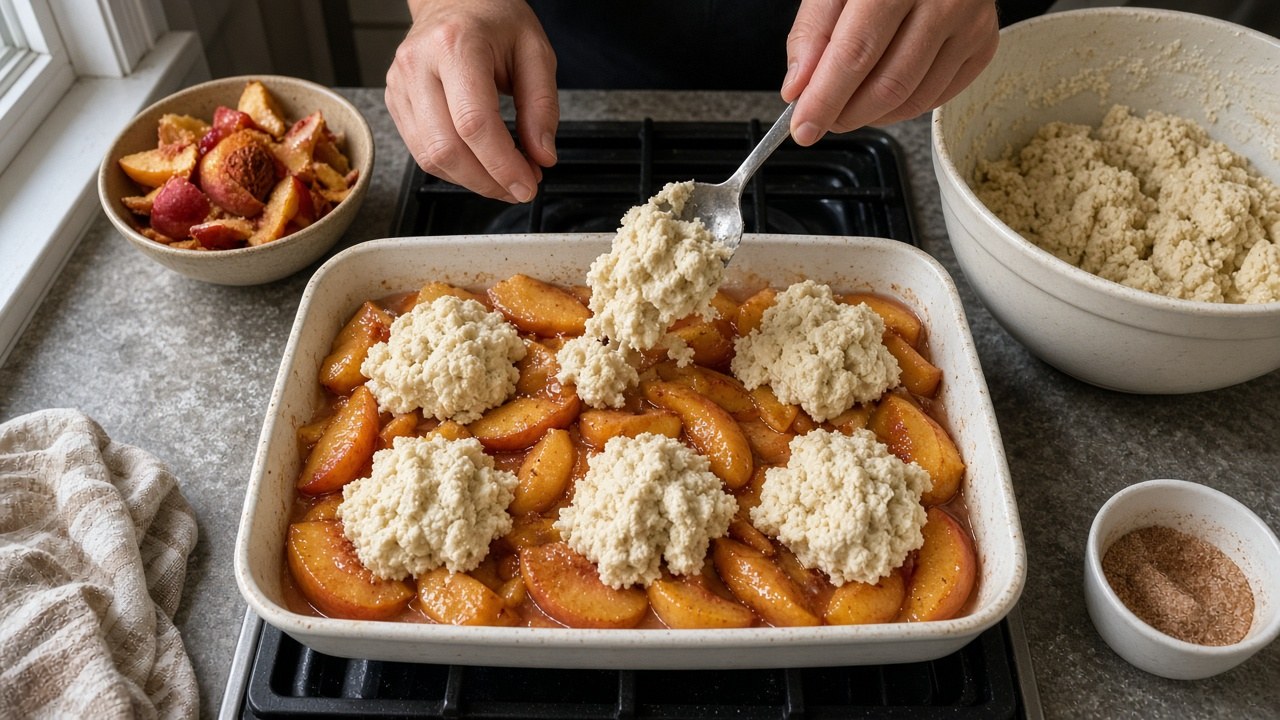 Hands dropping biscuit dough over sliced peaches for cobbler
