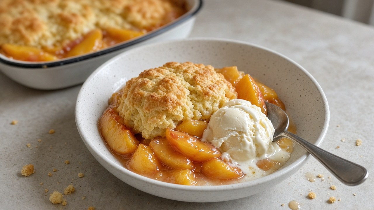Bowl of warm fresh peach cobbler with melting ice cream