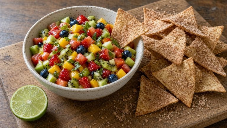 Fruit salsa with cinnamon tortilla chips in a bowl