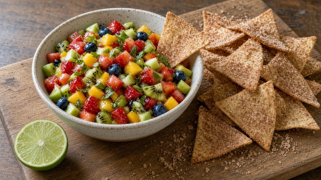 Fruit salsa with cinnamon tortilla chips in a bowl