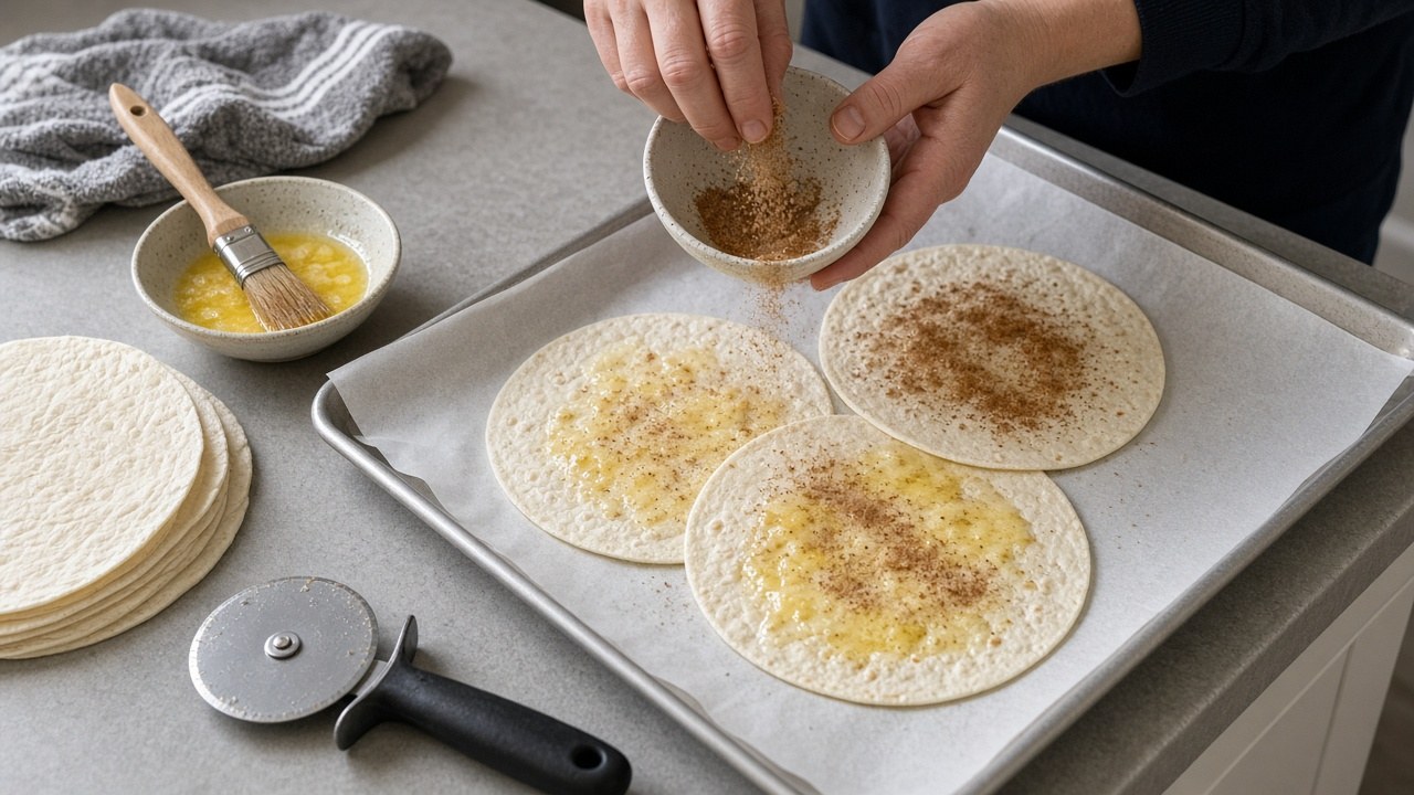 Hands brushing butter and sprinkling cinnamon sugar on tortillas