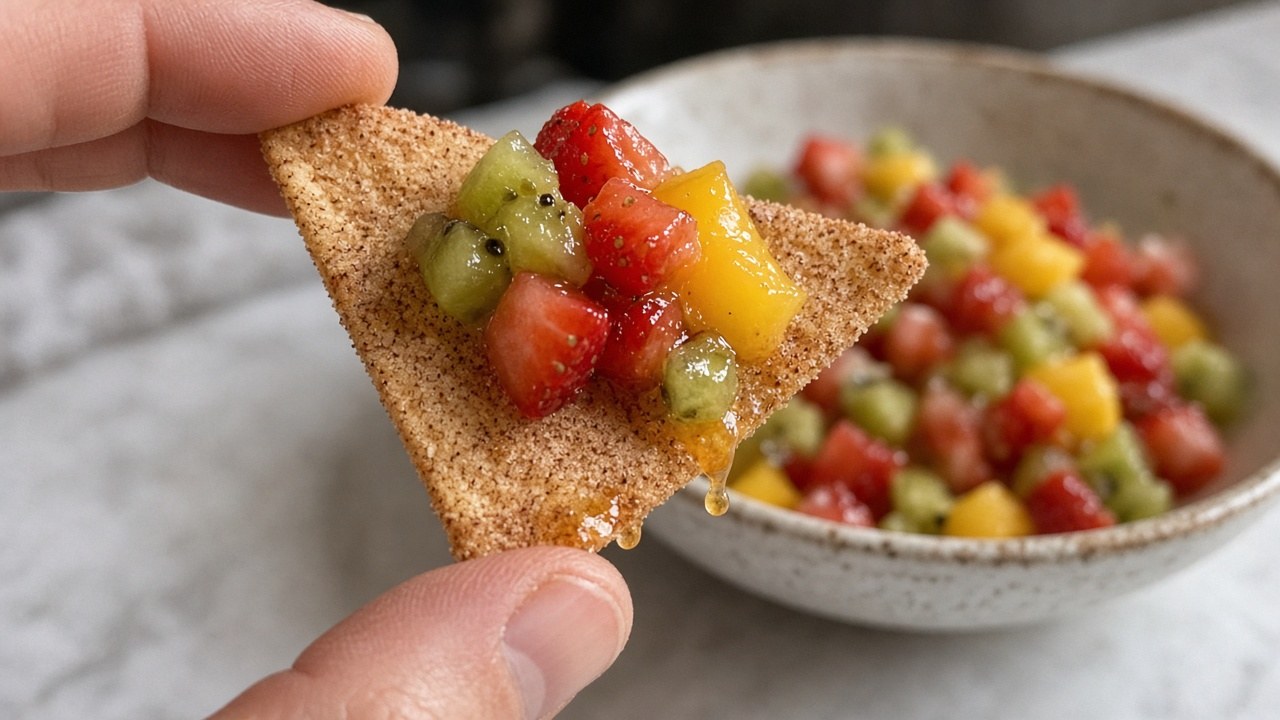 Cinnamon tortilla chip scooping fruit salsa