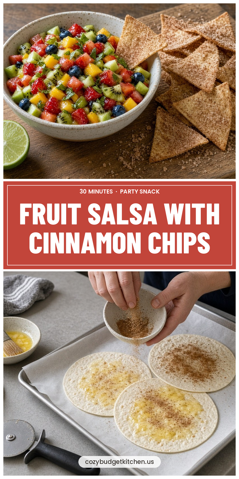 Fruit Salsa with Cinnamon Chips: Easy 30-Minute Snack - recipe pin from Cozy Budget Kitchen