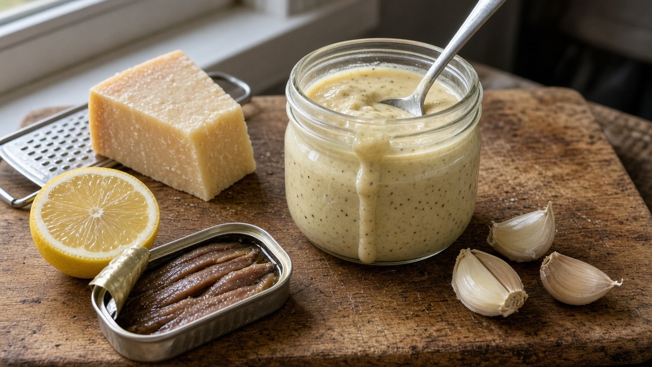 Homemade caesar dressing in a glass jar with Parmesan and lemon