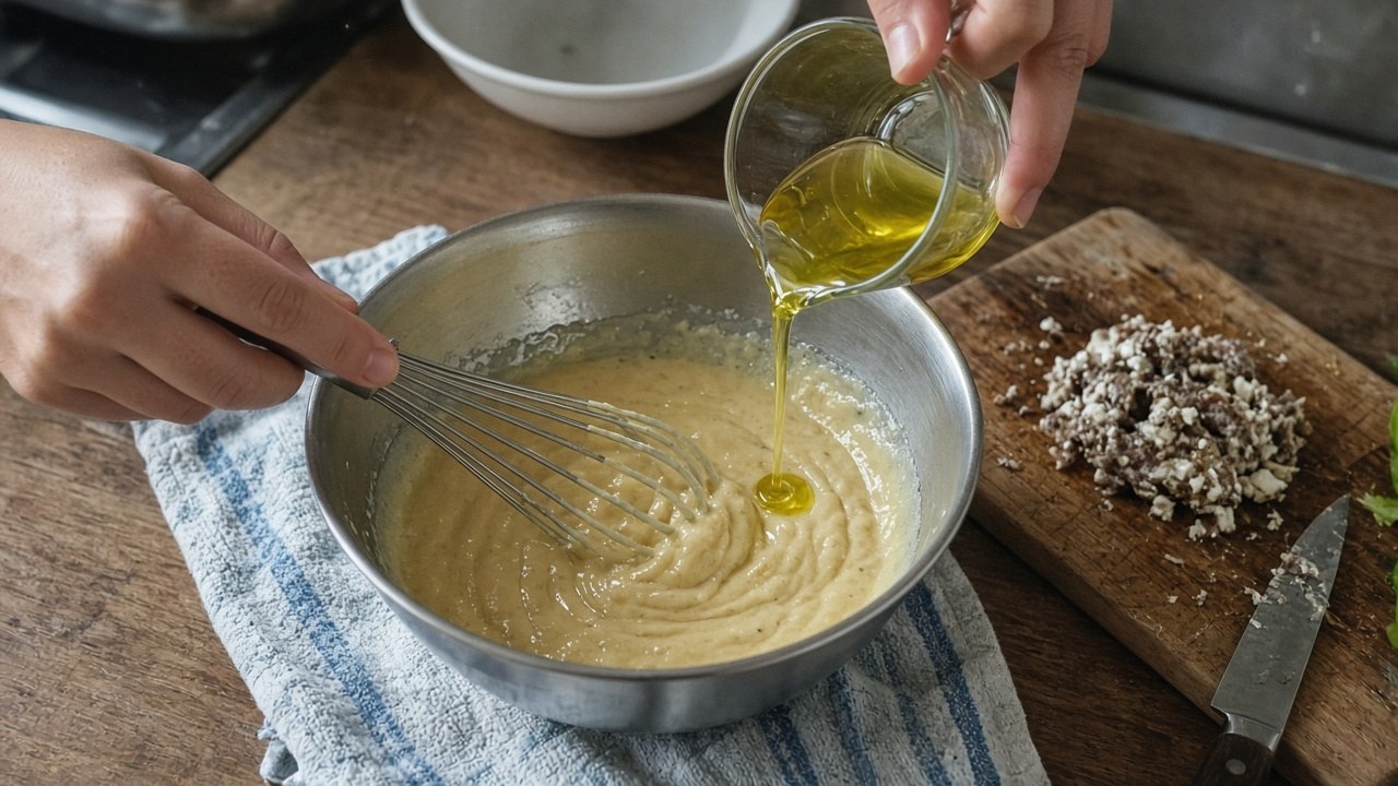 Hands whisking oil into Caesar dressing in a bowl