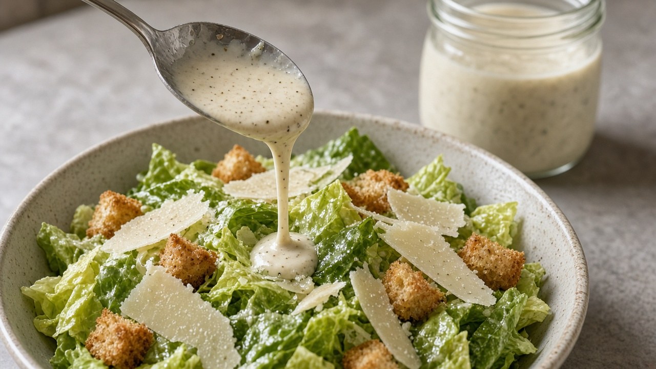 Caesar dressing drizzled over romaine lettuce