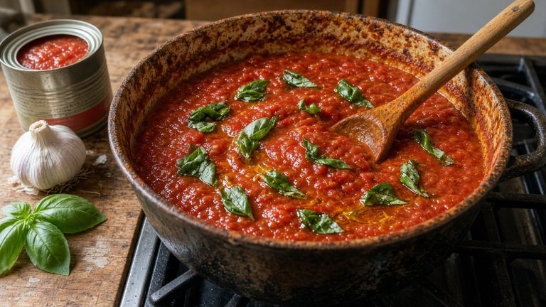 Homemade marinara sauce simmering in a pot with basil