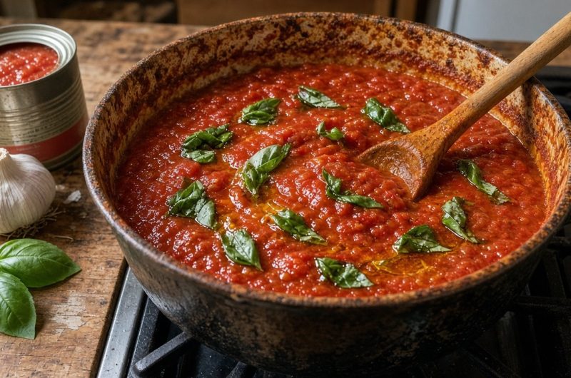 Homemade Marinara Sauce: Easy 30-Minute Pasta Sauce 2 Homemade marinara sauce simmering in a pot with basil