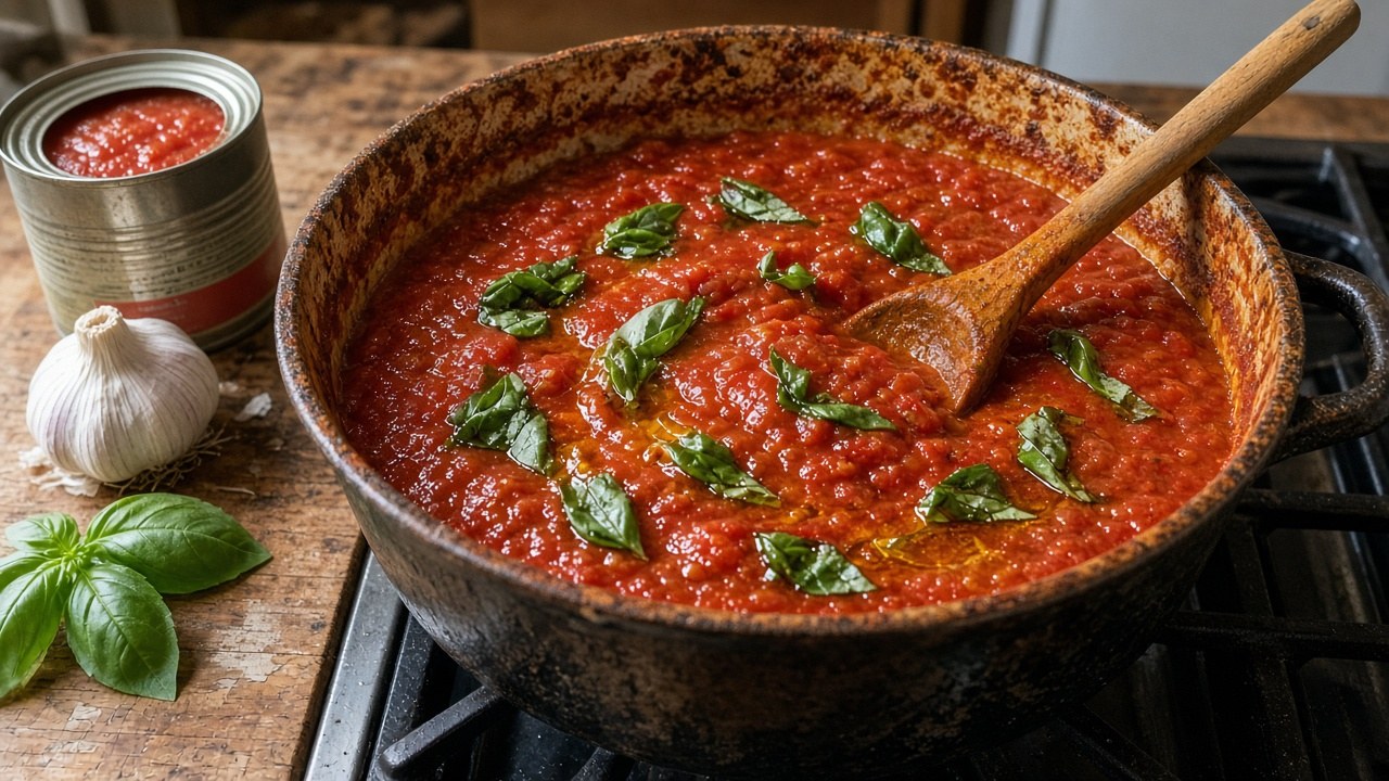 Homemade marinara sauce simmering in a pot with basil