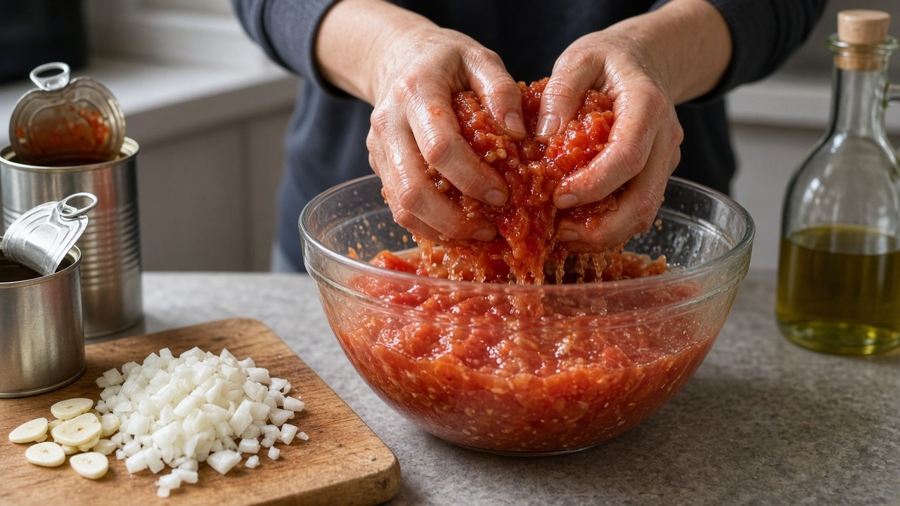 Hands crushing canned tomatoes for marinara sauce