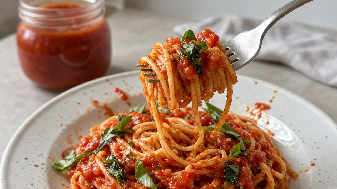 Spaghetti tossed with homemade marinara sauce and basil