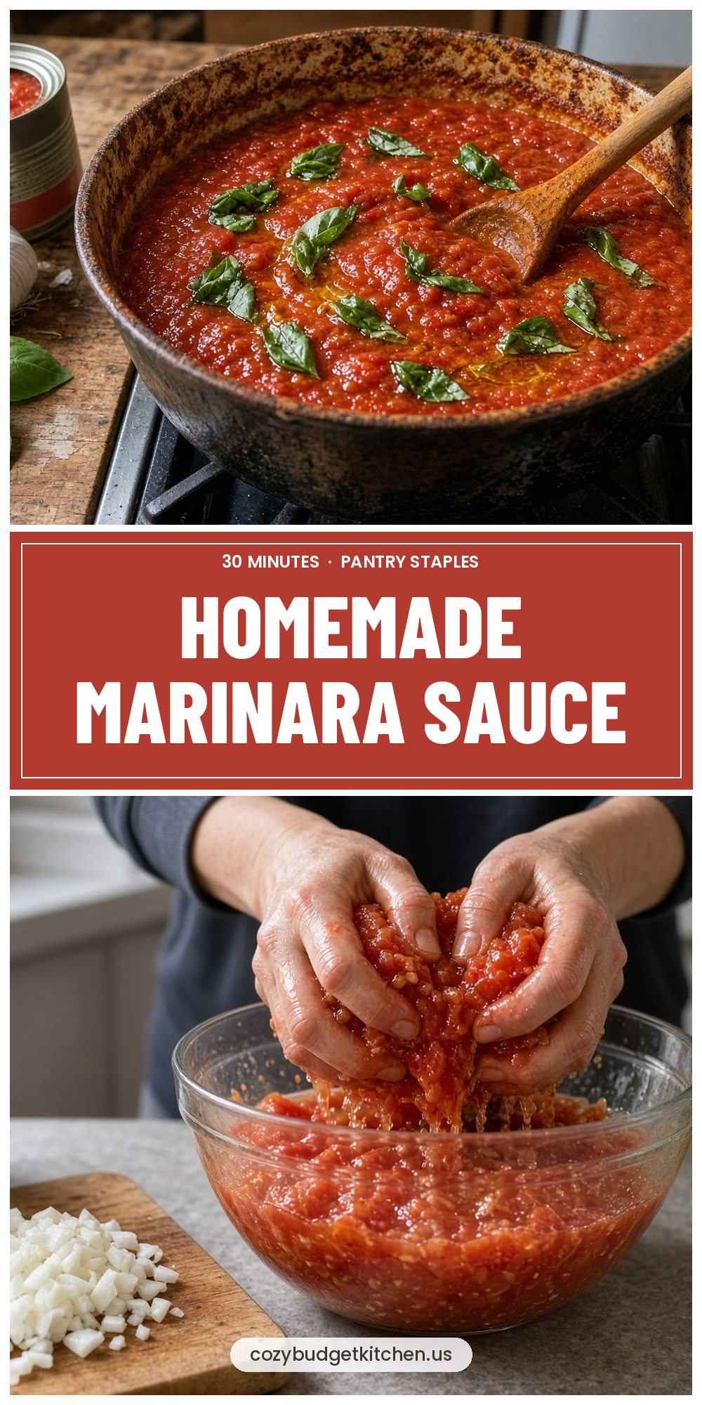 Homemade Marinara Sauce: Easy 30-Minute Pasta Sauce - recipe pin from Cozy Budget Kitchen
