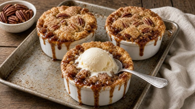 Mini pecan pie cobblers in white ramekins with ice cream