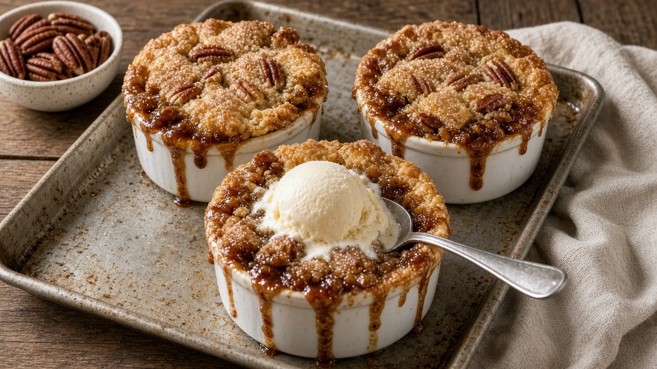 Mini pecan pie cobblers in white ramekins with ice cream